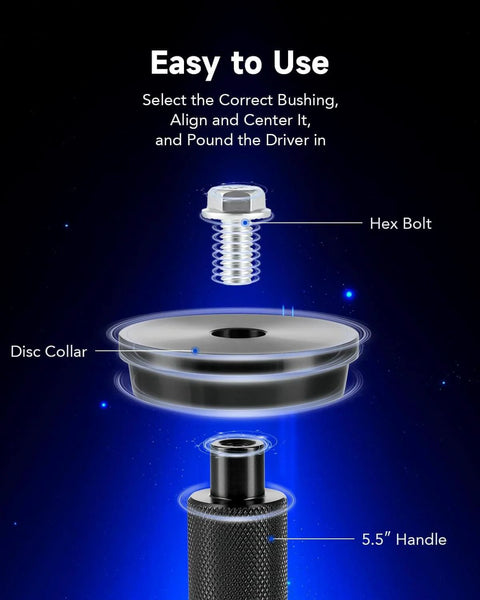 Assembly diagram for Bearing Press Kit, 10pc Bearing Race and Seal Driver Set, showing hex bolt, disc collar, and handle components.