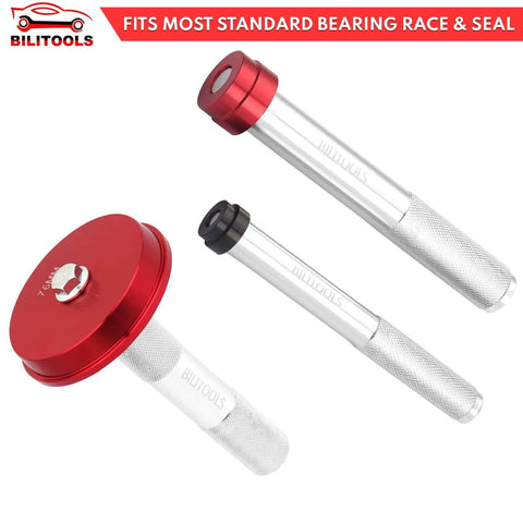 Bearing Press Kit, 43 Piece Bearing Race and Seal Driver Set, featuring aluminum shafts and red end caps for bearing installation.