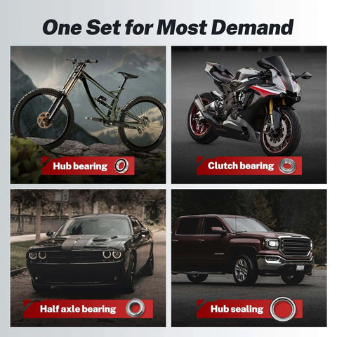 Bearing Press Kit, 43 Piece Bearing Race and Seal Driver Set illustrating applications for bike, motorcycle, car, and truck.