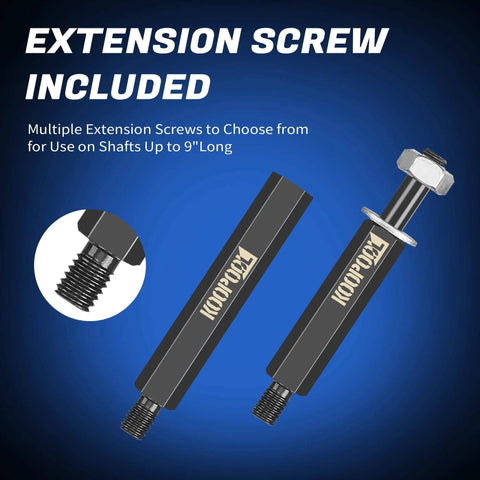 Extension screw included for 14 pcs bearing puller and splitter kit 5 ton with 2 and 3 inch separator jaws, shown with multiple screws.