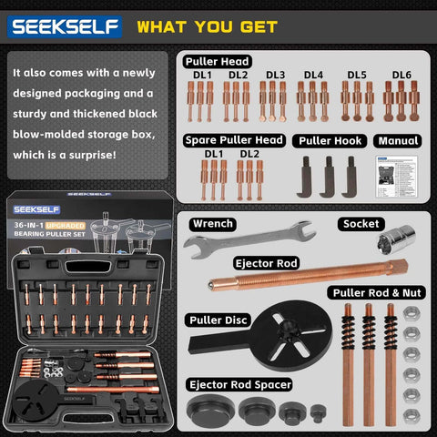 Layout of Blind Hole Bearing Puller Kit, 36 in 1 with tools, black storage box, and components labeled, showing detailed set contents.