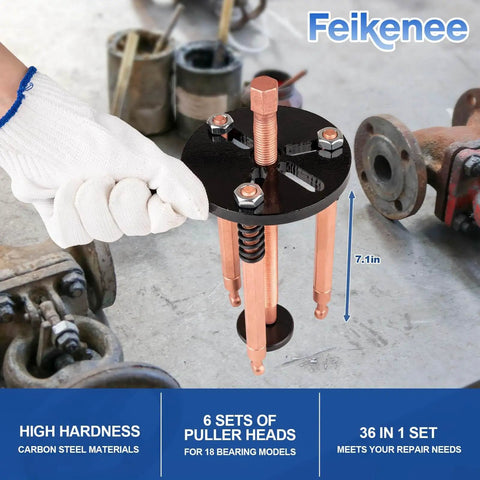 36 In 1 Bearing Puller Kit With Upgraded Blind Hole Design Pro Grade Bearing Removal Tool in use with three jaw puller hooks