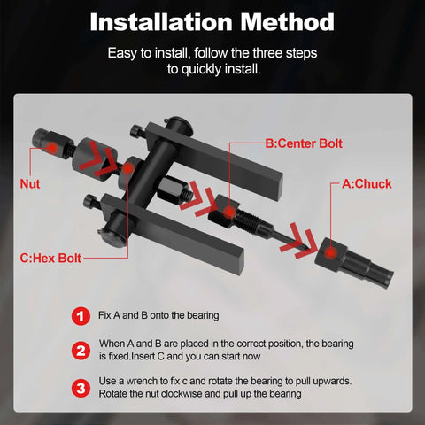 Installation steps for 10 Pcs Blind Hole Bearing Puller Set showing center bolt, nut, chuck, and hex bolt components.