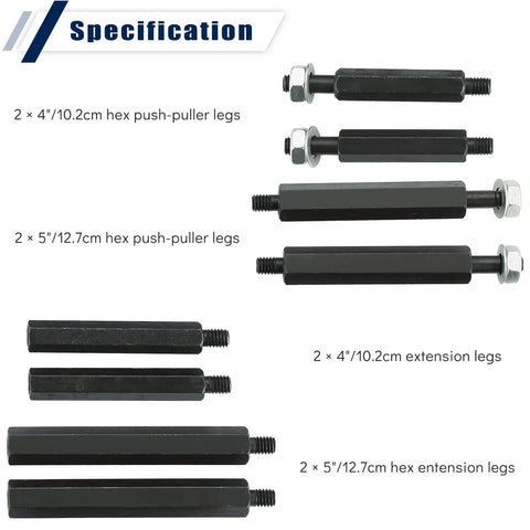 Components of Beefed Up Bearing Separator And Puller Set With Two Inch And Three Inch Splitters Fourteen Piece Kit To Remove Bearings Gears Pulleys Steering Wheels And More Includes Five Inch Crossbar Six And One Quarter Inch Lead Screw Forged Steel Attachments