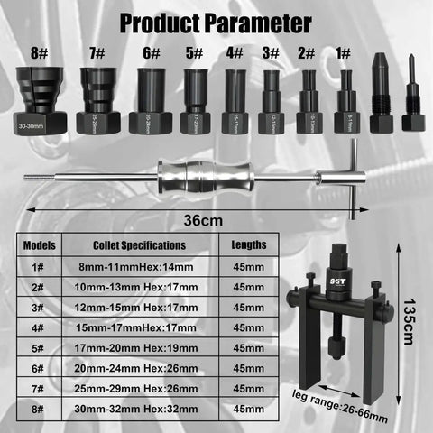 12 Piece Blind Hole Collet Bearing Puller Set With Slide Hammer For 8 To 32 Mm Internal Bearing Extractor Kit showing components and dimensions