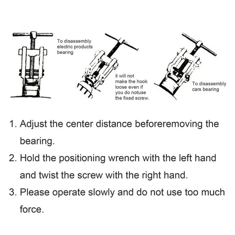 Diagram showing usage instructions for Three Inch Two Jaw Bearing Puller Tool Set With Adjustable Carbon Steel Mandrel Gear Pulley And Flywheel Remover For Motorcycle Car And Industrial Machine Use.