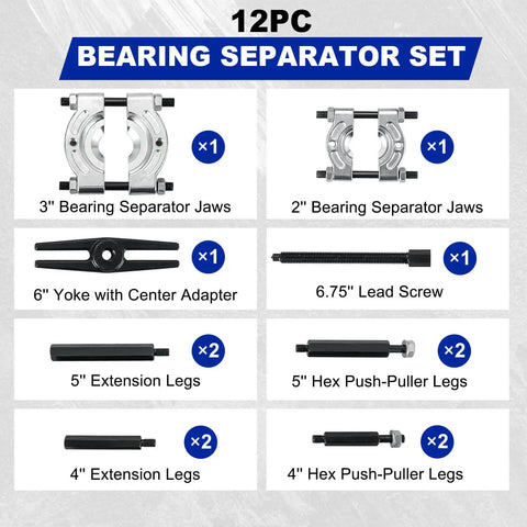 12 Piece Bearing Puller Set, Heavy Duty 5 Ton Capacity Bearing Separator Kit With 2 Inch And 3 Inch Jaws displayed with components