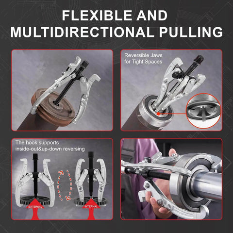 Heavy Duty Six Piece Bearing Puller Set For 1 To 8 Inch Gear And Pulley Pulling With Reversible Two Jaw And Three Jaw Heads dual hole design, showing flexible and multidirectional pulling capability.