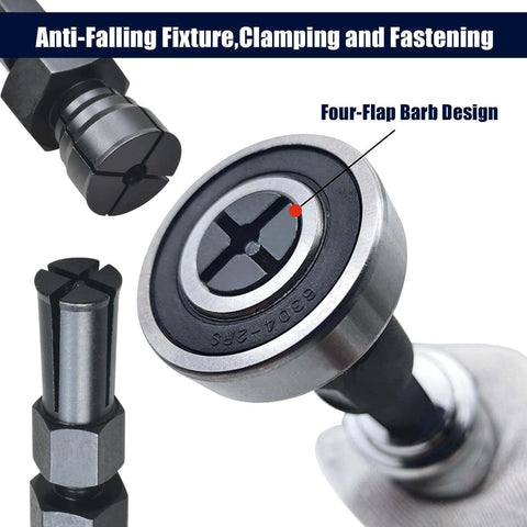 Close-up of 12pcs Blind Hole Collet Bearing Puller Set showing four-flap barb design for internal bearing extraction.