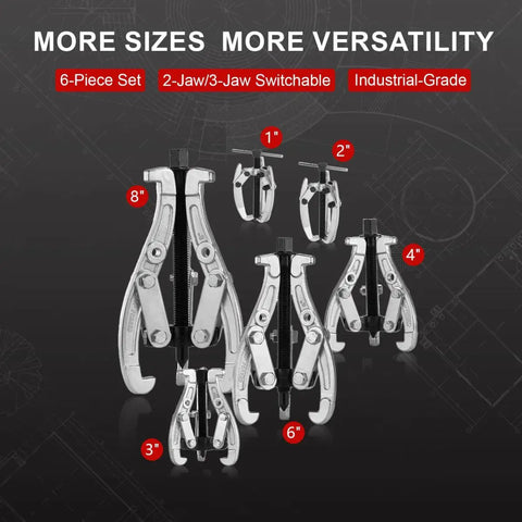 Heavy Duty Six Piece Bearing Puller Set For 1 To 8 Inch Gear And Pulley Pulling With Reversible Two Jaw And Three Jaw Heads Dual Hole Design