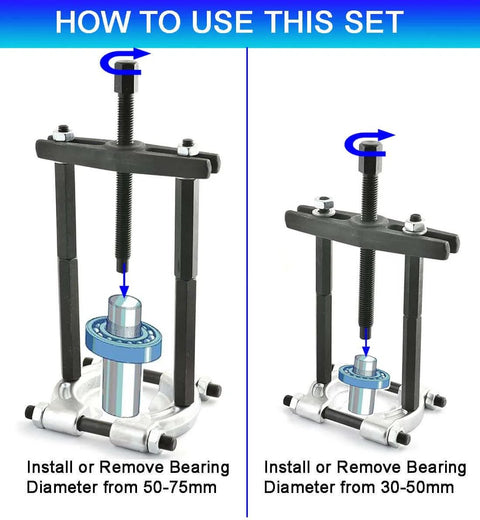 Bearing Puller Set, 5 Ton Capacity Bearing Separator Kit with 2" and 3" Jaws showing installation and removal of bearings.