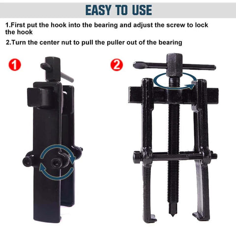 4 Bearing Puller 2'' 3'' 4'' 6'' with 2 Jaws Bearing Puller Tool Adjustable, shown with hook and center nut for easy use instructions.