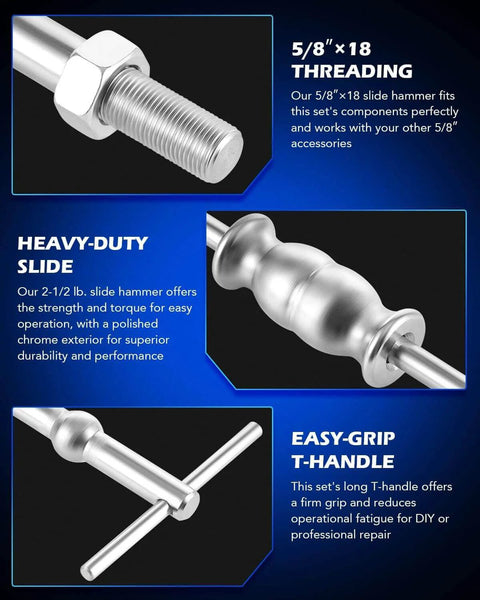 Close-up of Rear Axle Bearing Puller Tool Kit with Slide Hammer Set featuring threading, heavy-duty slide, and easy-grip T-handle.
