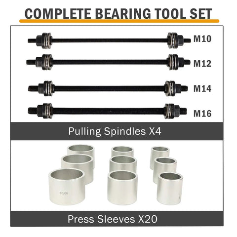 28 Piece Press And Pull Sleeve Kit For Removing Bearings Bushings Seals For Cars And Light Trucks Universal Auto Tool Set With 34 To 68 Millimeter Inner Diameters shown with spindles and sleeves
