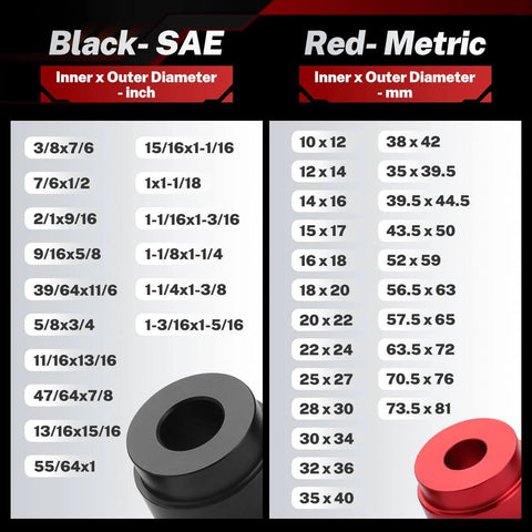 Bearing Press Kit, 43 Piece Bearing Race and Seal Driver Set size chart showing SAE and Metric dimensions in black and red