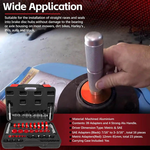 Bearing Race And Seal Driver Kit For Wheel Bearing Installation 43 Piece Set With 39 Adapters And 4 Handle Sizes Includes Bearing Race Punch Set And Seal Driver Tools Heavy Duty Auto Shop Gear with machined aluminum components shown in use.