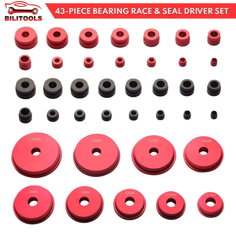 Bearing Press Kit, 43 Piece Bearing Race and Seal Driver Set displayed in red and black on a white background.