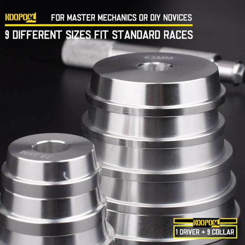 Stack of aluminum discs from Pro Grade Universal Bearing Race And Seal Bushing Driver Set with size markings visible.