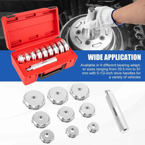 10pcs Bearing Race and Seal Driver Set with 1pc Driver Handle and 9 Disk Adapters displayed in red case, used for wheel hubs