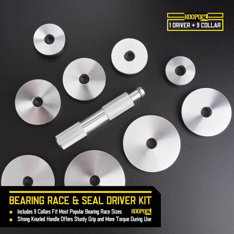 Pro Grade Universal Bearing Race And Seal Bushing Driver Set Aluminum With 9 Metric Discs And Collars And Durable Case For Automotive Wheel Bearings Removal And Installation From 39.5 To 81mm, showing 9 aluminum discs and driver tool.