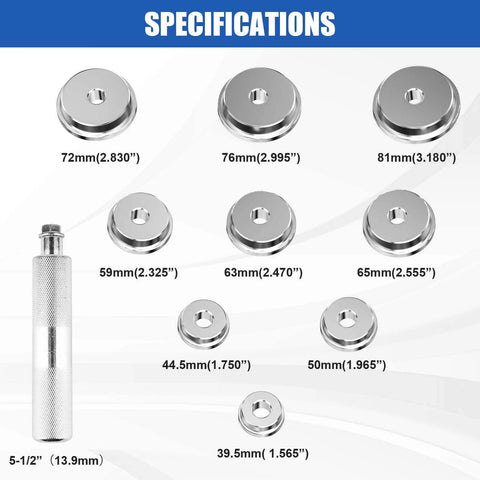 10pcs Bearing Race and Seal Driver Set with 1pc driver handle and 9pcs disk adapters, including sizes from 39.5mm to 81mm