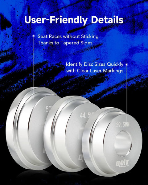 Close-up of adapter discs from the 10pc Bearing Press Kit with Race and Seal Driver Set, showing tapered sides and laser markings.