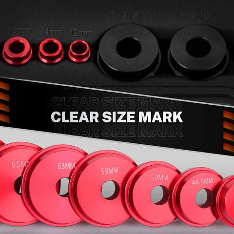 Close-up of Bearing Press Kit, 43 Piece Bearing Race and Seal Driver Set, showing sizes and red components for bearing installation.