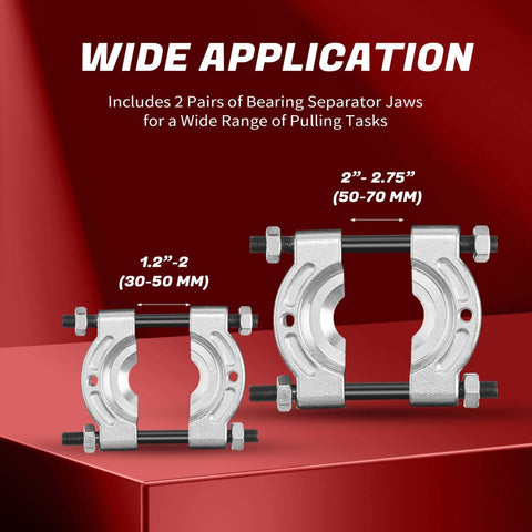 Bearing Puller and Splitter Kit with 2’’ and 3’’ separator jaws for wide application, shown on red background