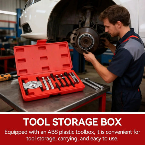 Mechanic using Bearing Separator And Puller Set 9 Piece Portable Heavy Duty Bearing Splitter Tool Kit with red case on a car wheel.