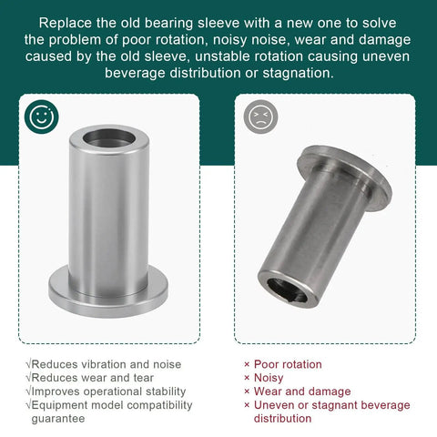 Front and side view of 3220 Bearing Sleeve for Beverage Dispenser Replacement, highlighting benefits of reduced noise and wear.