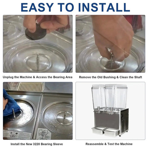 Step-by-step guide to installing Bearing Sleeve Replacement for Commercial Beverage Dispensers and Juicers Stainless Steel Bushing Compatible With D And E Series Fits D15 D25 D35 E27 E29 E47 E49 Models Includes 3 Pack for Easy Refurbishment.