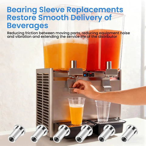 Six Pack 3220 Bearing Sleeve Replacement For Crathco D And E Series Beverage Dispensers Juicers shown with juicer and sleeves