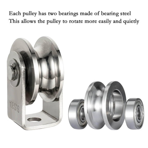Cable Pulley Wheel Heavy Duty, Fixed Pulley Block, Bearing Inside, showing ball bearings and stainless steel material