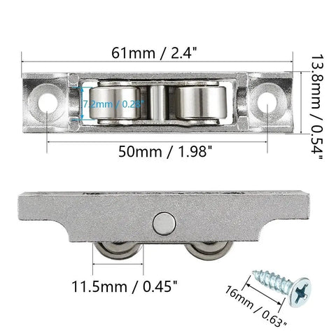 11.5mm Bearing Steel Electroplated Double Flat Wheel Sliding Door Window Pulley Set 2 Pcs with Mounting Screws, side view