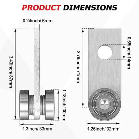 Diagram of 2pcs Bearing Trolley Assembly with dimensions, showing 2 wheel rollers for 1-5/8 inch strut channel, solid steel.