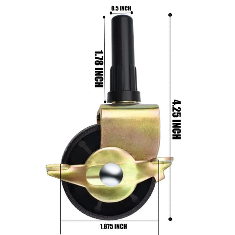 Front view of a Heavy Duty Bed Frame Caster with locking brake, showing 4.25-inch height, steel material, for carpet or hard floors.