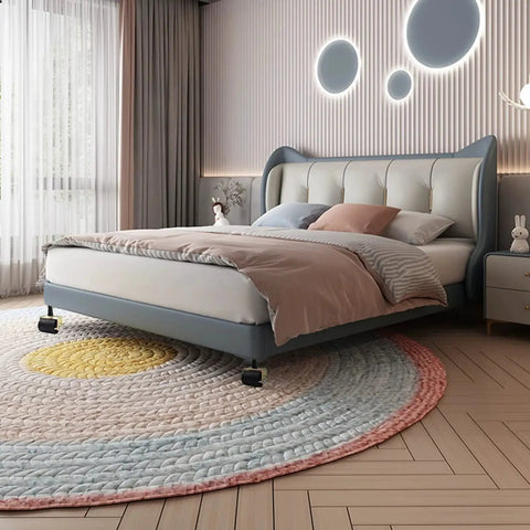 Modern bed with Heavy Duty Bed Frame Casters With Locking And Brakes Set Of 4 For Replacement, on colorful rug in stylish room.