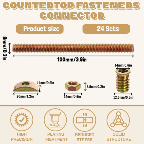 24 Sets Bed Frame Connector Kit With 8x100mm Four In One Furniture Fastening Bolts Nuts And Half Moon Spacers dimensions
