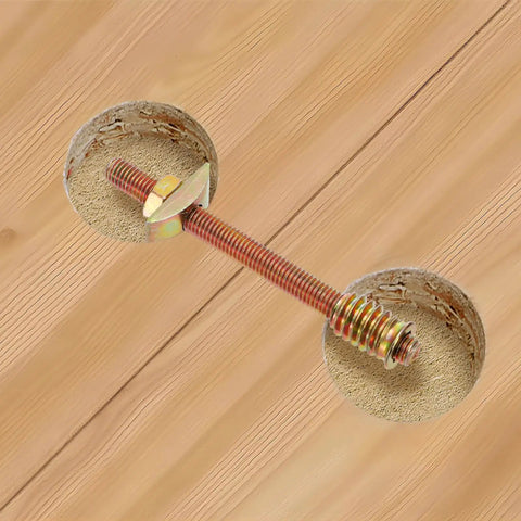 Close-up of 24 Sets Bed Frame Connector Kit with 8x100mm Four In One Furniture Fastening Bolts Nuts and Half Moon Spacers installed