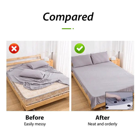 Comparison image of a messy bed and a neatly made bed using One Inch Round Hook And Loop Dots Self Adhesive Fasteners 24 Pairs.