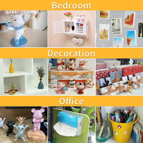 Collage of bedroom, decoration, and office items featuring figurines, wall art, gift boxes, small plants, tissue holder, and stationery.