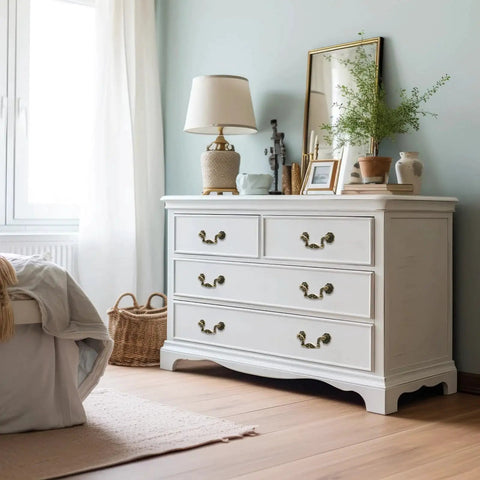 White dresser with Antique Bronze Drawer Pulls Set With Screws Rustic Vintage Drop Handles in a cozy bedroom setup.