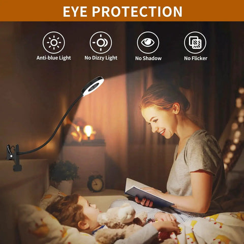 This clamp-on desk light with a 15.8 inch flexible silicone arm provides 3 color modes and 10 brightness levels for focused reading, studying, and crafts at a desk, headboard, or dorm, ideal for kids and late-night book sessions, shown lighting up a child's book.