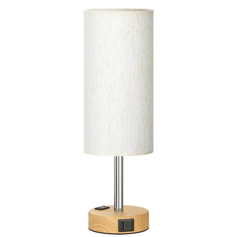 Bedside Table Lamp With 3 Way Dimmable Touch Control, USB C Charging Ports And AC Outlet, wood base, flaxen fabric shade