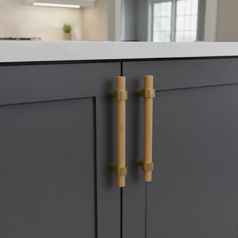 Set Of Six 3.75 Inch Wooden Cabinet Pulls With Screws For Dresser Kitchen And Wardrobe Cabinets shown on grey cabinet doors