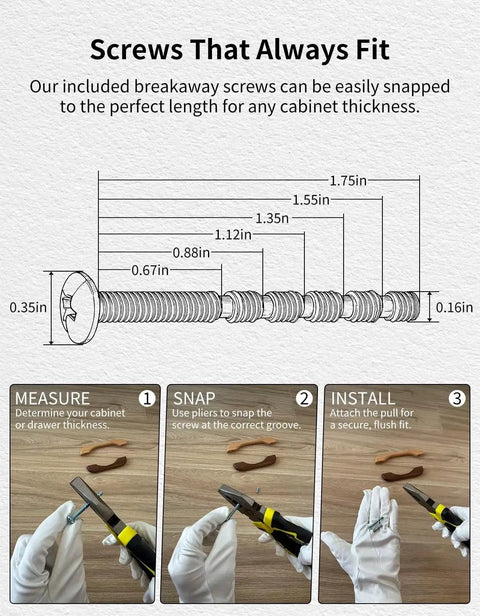 Breakaway screws fitting guide and usage steps for cabinet pulls installation with gloves, pliers, and wood surface.