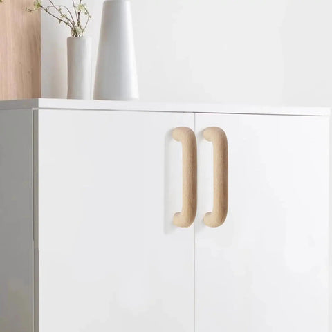 Six Pack Beech Wood Unfinished Round Arched Bridge Furniture Pulls Handles Set For Cabinets And Drawers on white cabinet