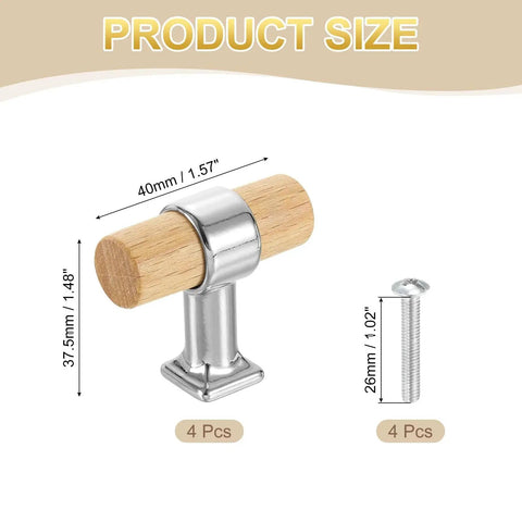 Beech Wood T Bar Drawer Pulls 4 Pack With Silver Base Screws Single Hole Cabinet Handles size dimensions illustration