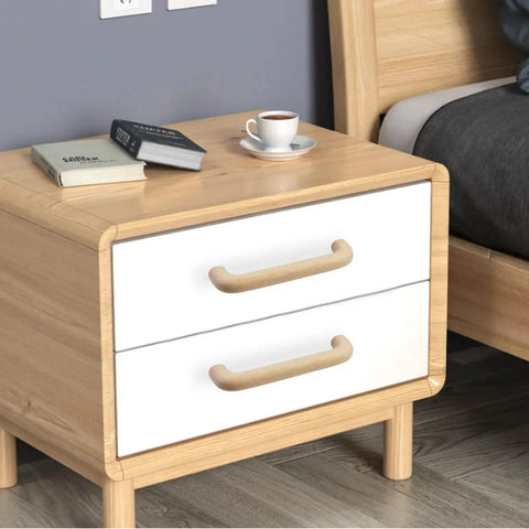 Six Pack Beech Wood Unfinished Round Arched Bridge Furniture Pulls Handles Set For Cabinets And Drawers installed on nightstand