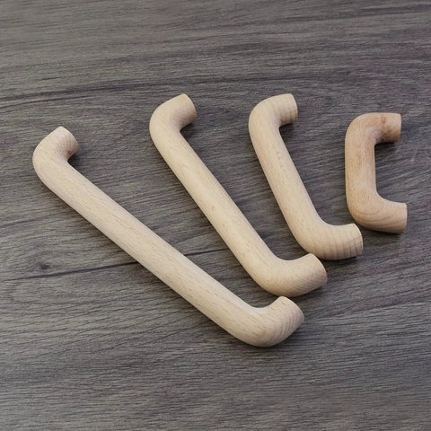Six Pack Beech Wood Unfinished Round Arched Bridge Furniture Pulls Handles Set For Cabinets And Drawers, displayed on wooden surface